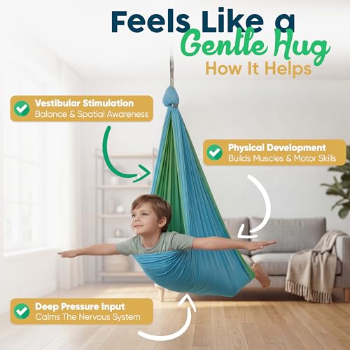 VISSE Sensory Swing for Kids Indoor Outdoor - Calming Cocoon Therapy Swing, Holds 300lbs - Hug-Like Sensory Hammock with 360° Swivel Hardware for Autism, ADHD, SPD Support - Image 3