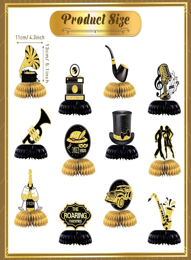 Fainne 12 Pcs Roaring 1920s Party Decorations for Table, Black and Gold Party Honeycomb Table Centerpiece, Music Themed Decorations for Birthday 20's Vintage Speakeasy Vintage Flapper Wedding Supplies - Image 2