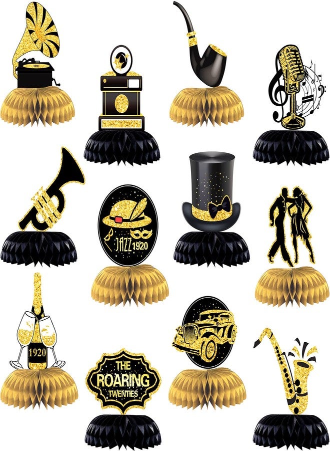Fainne 12 Pcs Roaring 1920s Party Decorations for Table, Black and Gold Party Honeycomb Table Centerpiece, Music Themed Decorations for Birthday 20's Vintage Speakeasy Vintage Flapper Wedding Supplies - Image 1