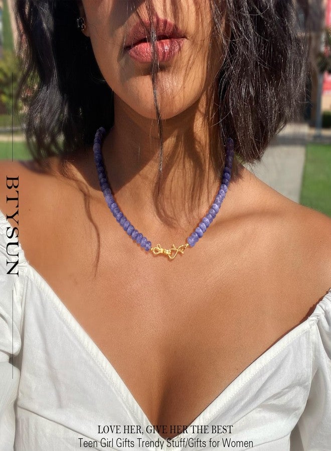 Btysun Gemstone Necklace, Beaded Necklace Choker Beaded Necklaces for Women Best Friend Birthday Gifts Teen Trendy Stuff Christmas Stocking Stuffers for Her 14K Gold Bow Birthstone Bead Jewelry, Stainless - Image 2