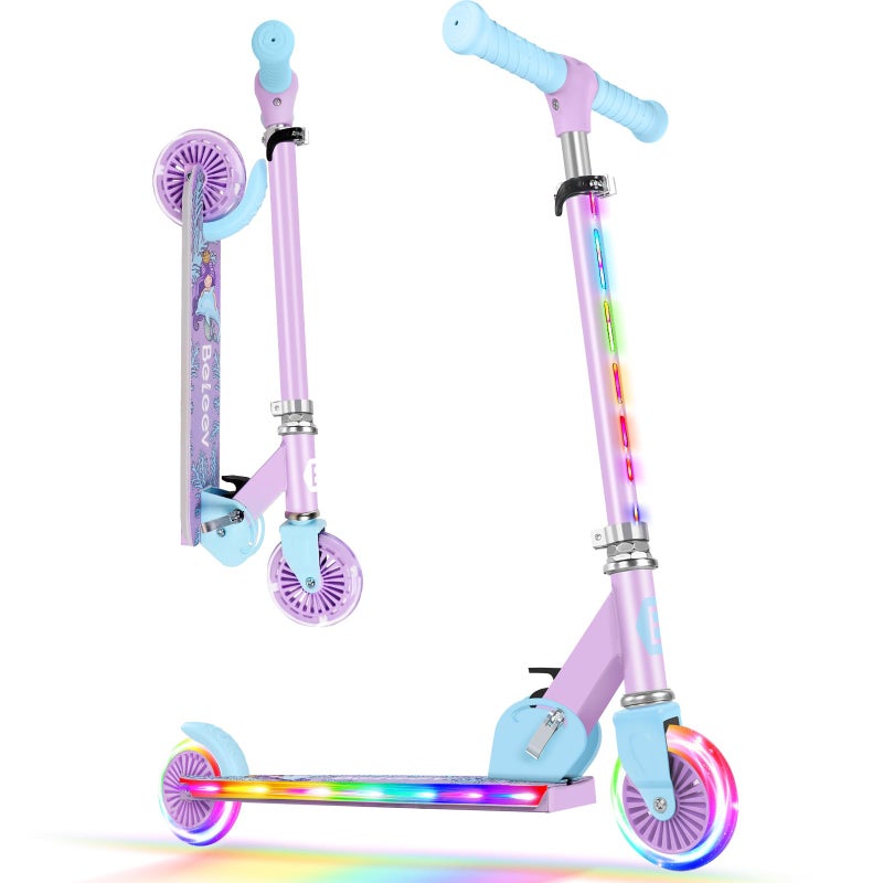 BELEEV Scooters for Kids Ages 3-12 with Light-Up Wheels & Stem & Deck, 2 Wheel Folding Scooter for Girls Boys, 3 Adjustable Height, Non-Slip Pattern Deck, Kick Scooter for Children (Purple) - Image 1