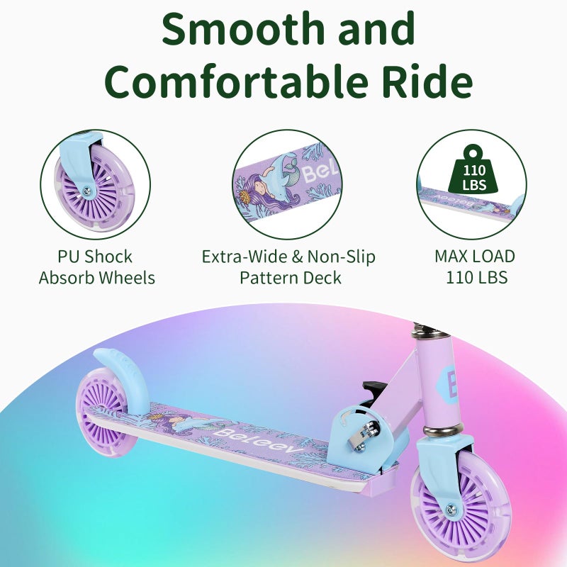BELEEV Scooters for Kids Ages 3-12 with Light-Up Wheels & Stem & Deck, 2 Wheel Folding Scooter for Girls Boys, 3 Adjustable Height, Non-Slip Pattern Deck, Kick Scooter for Children (Purple) - Image 5