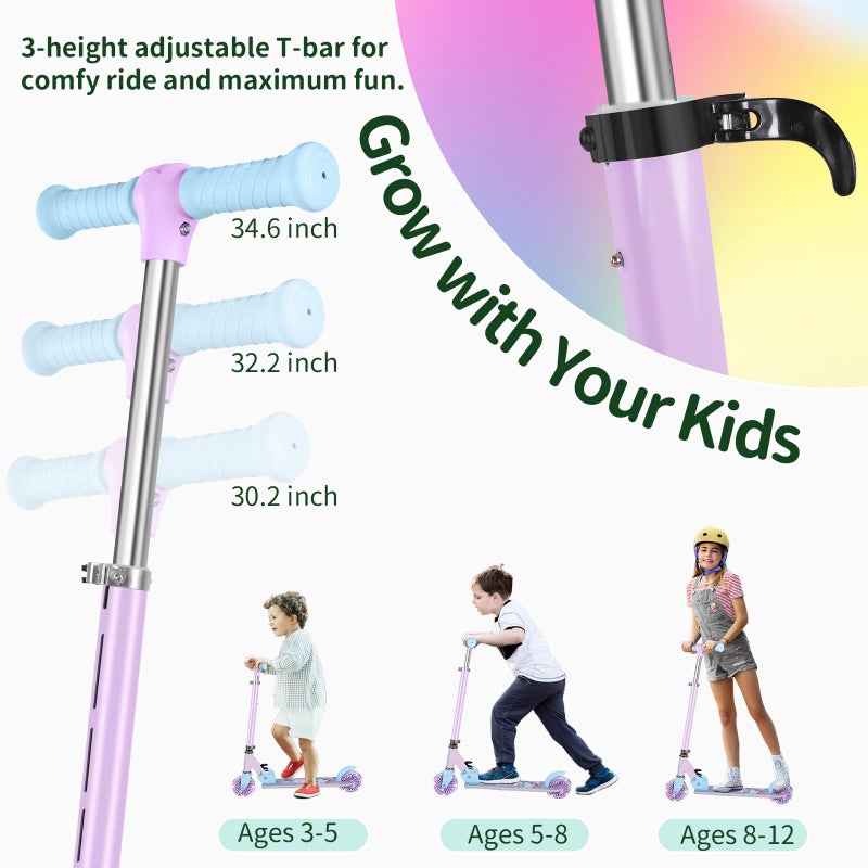 BELEEV Scooters for Kids Ages 3-12 with Light-Up Wheels & Stem & Deck, 2 Wheel Folding Scooter for Girls Boys, 3 Adjustable Height, Non-Slip Pattern Deck, Kick Scooter for Children (Purple) - Image 4
