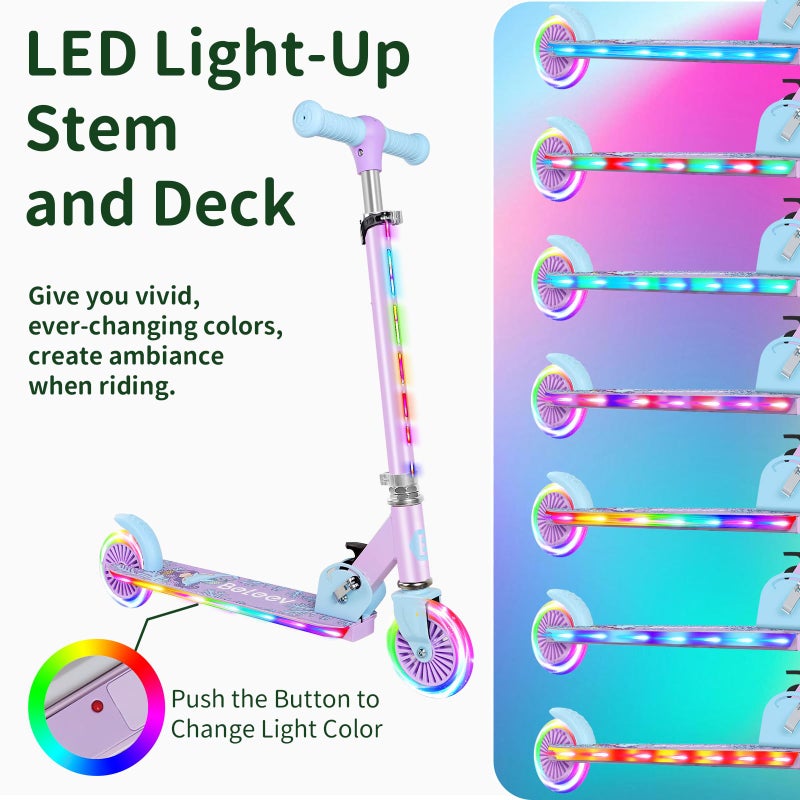 BELEEV Scooters for Kids Ages 3-12 with Light-Up Wheels & Stem & Deck, 2 Wheel Folding Scooter for Girls Boys, 3 Adjustable Height, Non-Slip Pattern Deck, Kick Scooter for Children (Purple) - Image 3
