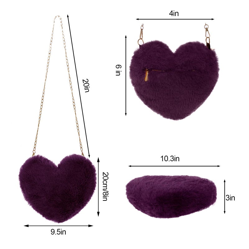Miayon Heart Shaped Faux Fur Clutch Purse Fluffy Crossbody Shoulder Bag for Women Halloween Christmas Valentine Dark Purple - Image 3