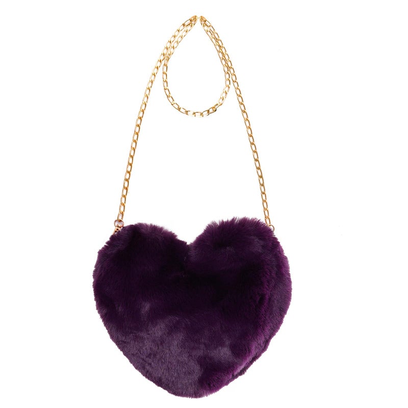 Miayon Heart Shaped Faux Fur Clutch Purse Fluffy Crossbody Shoulder Bag for Women Halloween Christmas Valentine Dark Purple - Image 1