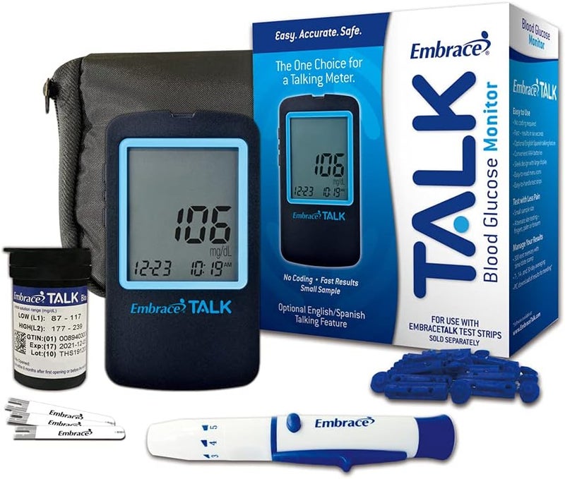 Embrace Talk Diabetes Testing Kit  Embrace Talk Blood Glucose Meter 50 Blood Test Strips 1 Lancing Device 30 Gauge Lancets50 Count and Carrying Case