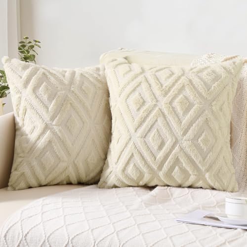 Pallene Soft Faux Fur Throw Pillow Covers 20x20  Plush Wool Decorative Pillow Covers  Couch Sofa Pillow Covers for Living Room  with 3D Diamond Pattern  Set of 2  Beige