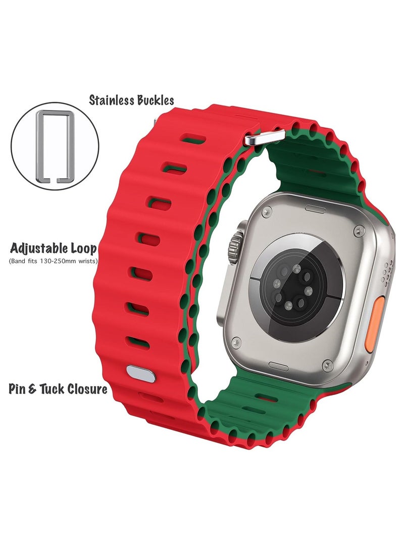 Color Fans - Soft Silicone Ocean Sports Strap Compatible Apple Watch 41mm 40mm 38mm for Men Women, Adjustible Watch Band for Apple Watch SE/Series 9/8/7/6/5/4/3/2/1 - Red-Emerald Green - Image 1