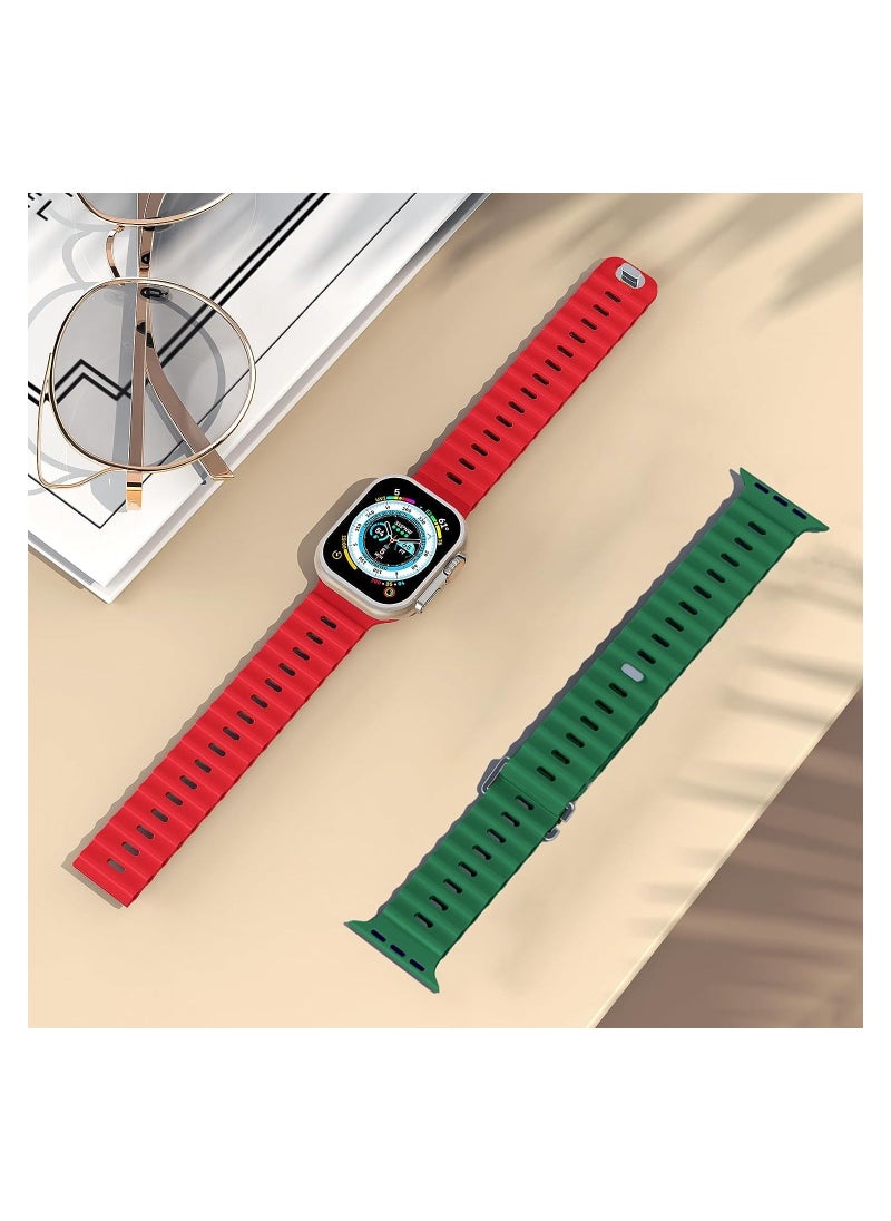 Color Fans - Soft Silicone Ocean Sports Strap Compatible Apple Watch 41mm 40mm 38mm for Men Women, Adjustible Watch Band for Apple Watch SE/Series 9/8/7/6/5/4/3/2/1 - Red-Emerald Green - Image 1