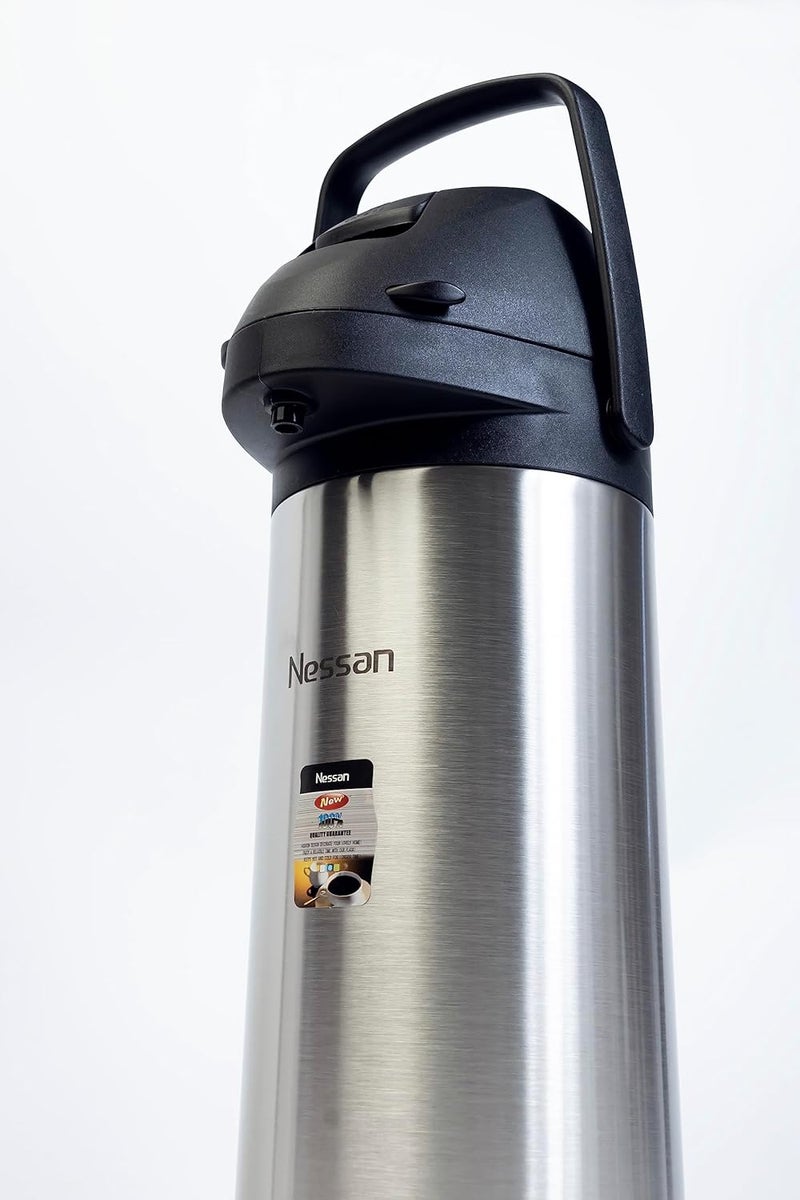 Nessan Insulated Coffee Tea Dispenser - Thermal Jug, Vacuum Flask, Thermos Pump Pot Durable Stainless Steel Inner Portable & Leak Resistant Airpot Flask Silver/Black 1.9 Liter SS09HI - Image 3