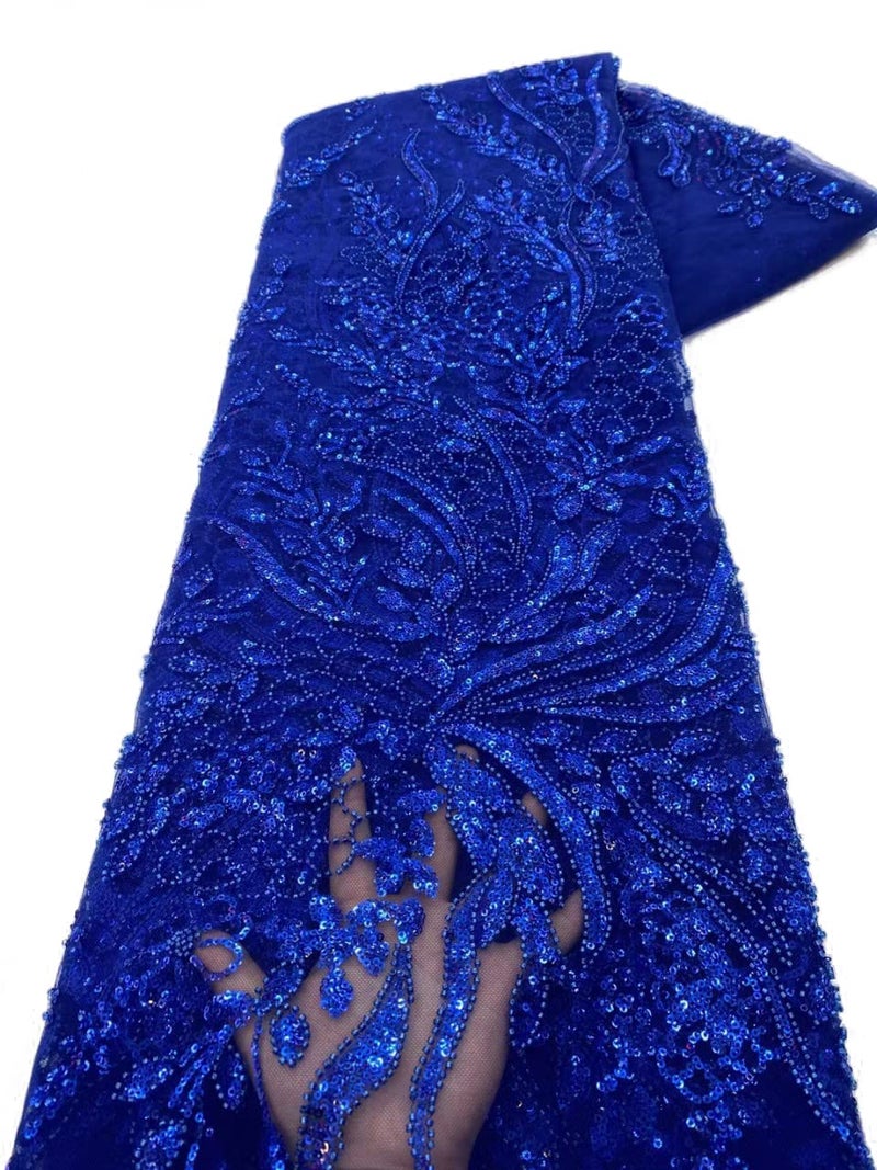 Tngan Botanical Flower Sequin French Lace Fabric Bead Heavy Craft Tulle Net Fabric for Trailing Dress, 5 Yards, Royal Blue - Image 1