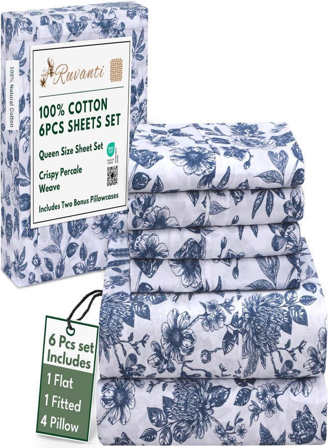 RUVANTI 6 Pcs Cotton Sheets - 100% Natural Cotton Soft, Lightweight & Breathable Crispy Percale Bed Sheets, Queen Sheet Set 16" Deep Pockets, Wild Flower - Image 1