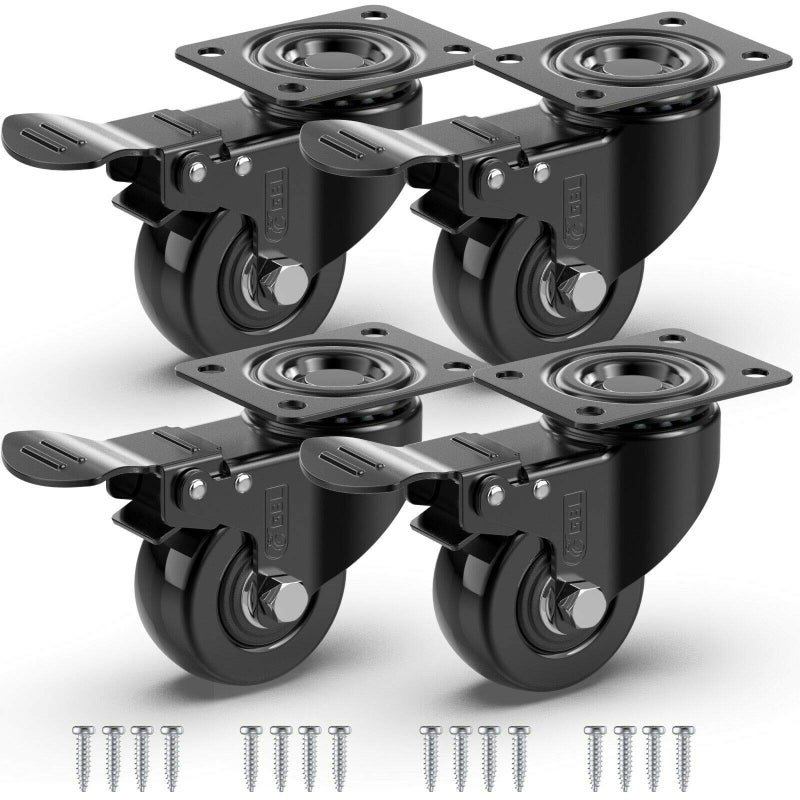 GBL 2" Heavy Duty Caster Wheels with Brakes + Screws - up to 440Lbs - Set of 4 No Floor Marks Silent Castor for Furniture - Rubbered Trolley or Pallet Swivel Wheels - Black Casters - Image 1
