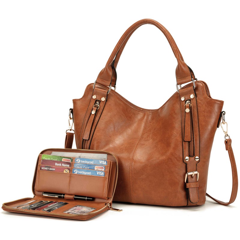 Soperwillton Crossbody Bags for Women Large Hobo Purse PU Leather Shoulder Handbag Ladies Tote Wallet Set 2PCS - Image 1