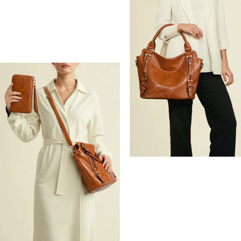 Soperwillton Crossbody Bags for Women Large Hobo Purse PU Leather Shoulder Handbag Ladies Tote Wallet Set 2PCS - Image 2