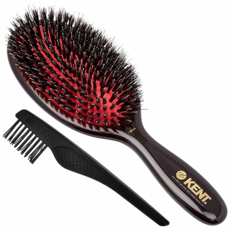 Kent CSMM 7.75" Classic Shine Medium Oval Cushion Straightening Brush - Natural Black Boar Bristle Hair Brush with Nylon Quills - Shine Hair Brush and Scalp Scrubber for Shoulder to Mid Length Hair - Image 1