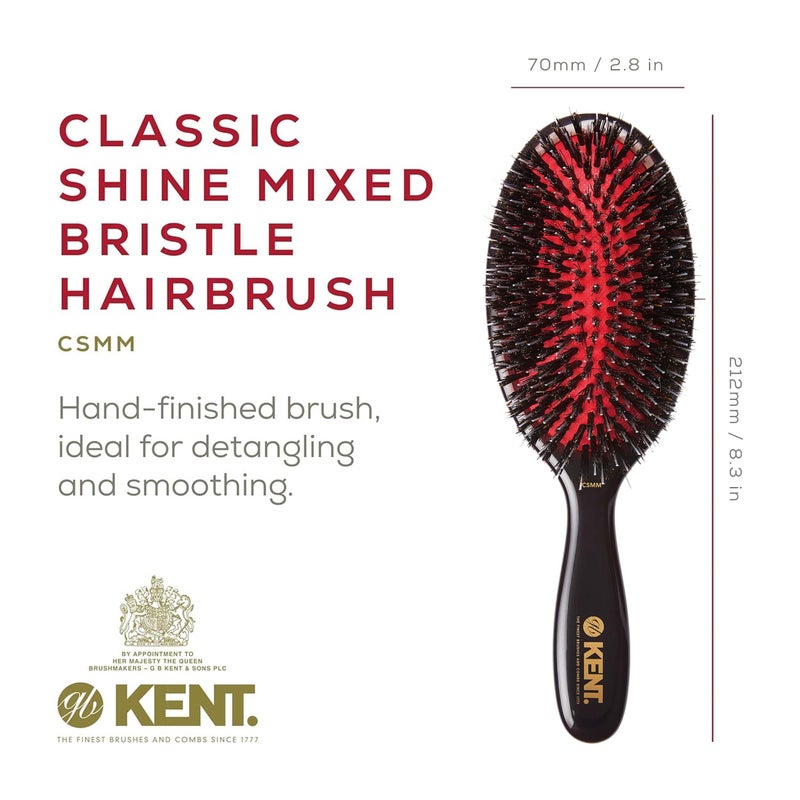 Kent CSMM 7.75" Classic Shine Medium Oval Cushion Straightening Brush - Natural Black Boar Bristle Hair Brush with Nylon Quills - Shine Hair Brush and Scalp Scrubber for Shoulder to Mid Length Hair - Image 2