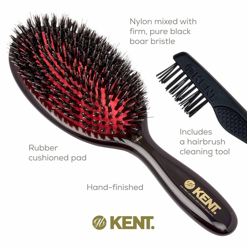 Kent CSMM 7.75" Classic Shine Medium Oval Cushion Straightening Brush - Natural Black Boar Bristle Hair Brush with Nylon Quills - Shine Hair Brush and Scalp Scrubber for Shoulder to Mid Length Hair - Image 5