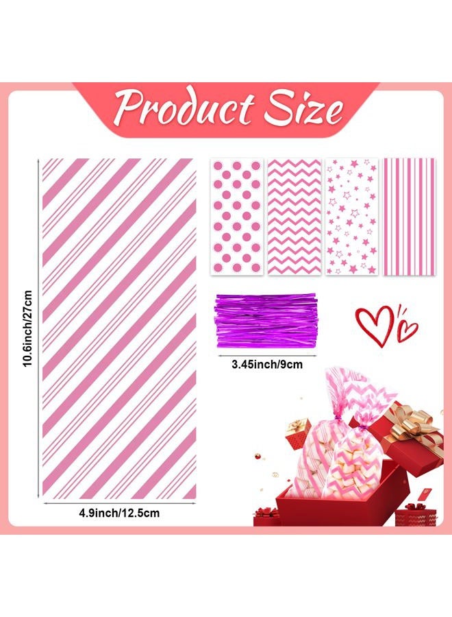 Lxzyu Valentine Cellophane Bags, 50 Pcs Valentines Treat Bags,Pink Goodie Bag Valentines Day Candy Bags, Plastic Valentines Bags Bulk, Valentine Snack Bag With Twist Ties Red Heart For Wedding Party Favor - Image 3