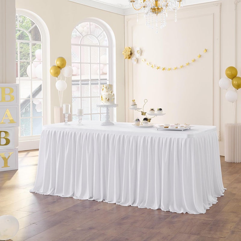 leegleri Leegleri 168Inch Long White Polyester Table Skirt for 68ft Tables Wrinkle Resistant Pleated Ruffle Table Cloth for BanquetWeddingTradeBaby ShowerNo Table Cover