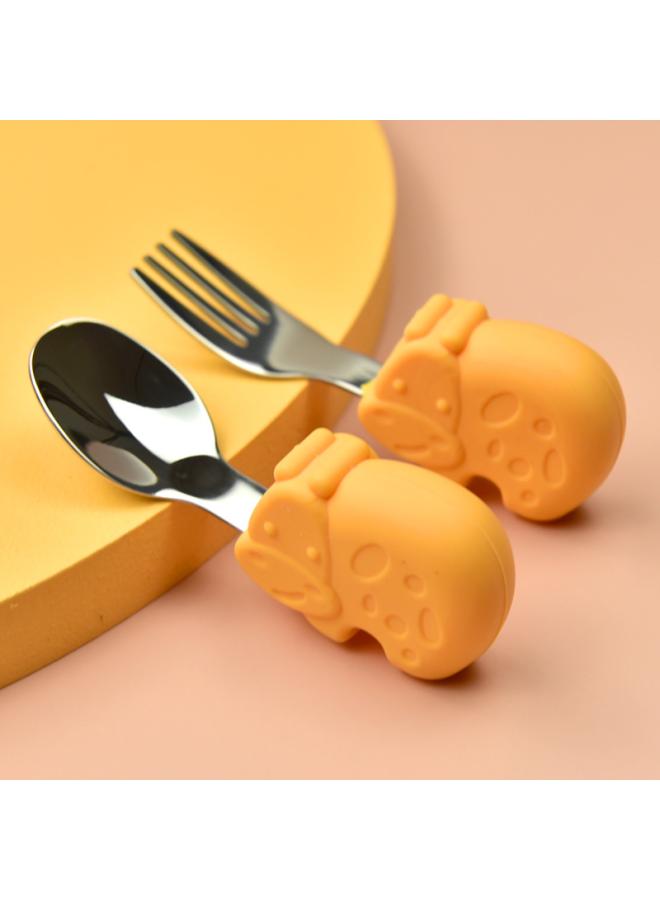 Hippo Baby Baby Learning To Eat Training Fork Spoon Short Handle Stainless Steel Tableware Children's Silicone Complementary Food Complementary Food Fork Spoon