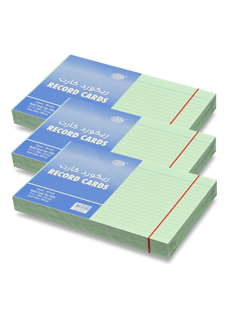 FIS® Ruled Record Cards or Index Cards, Size:8"x5" Inches (203x127mm), Two Sides Single Ruled, 180gsm, 100 Sheets Per Packet,Packet of 3 Pieces, Green Color-FSIC85-180GR-3 - Image 1