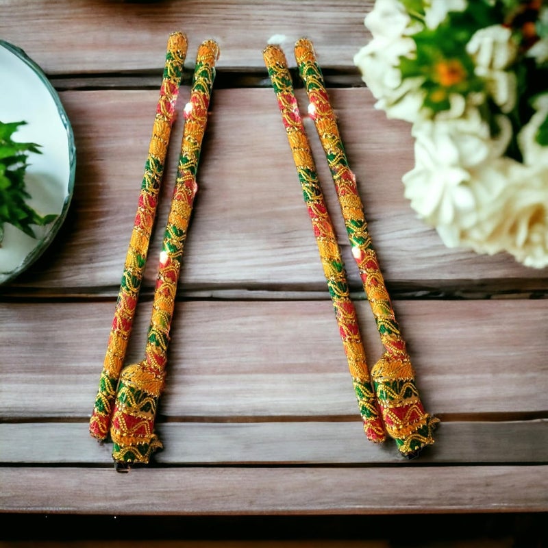 Saudeep India Brocade Lace Decorated Wooden LED Dandiya Sticks For Navratri Garba Festivals Pair of 2