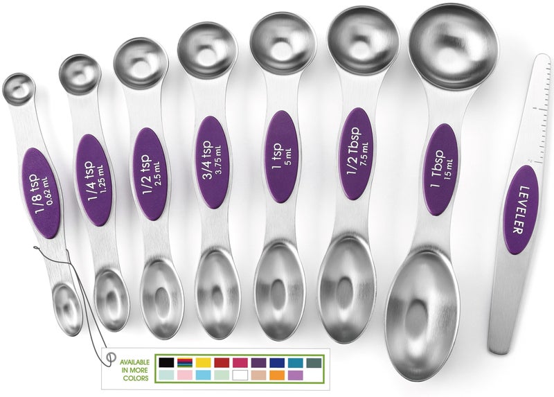Spring Chef Purple Stainless Steel Magnetic Measuring Spoons Set of 8 with Leveler Dual Sided Metal Teaspoon Tablespoon Measuring Spoons Kitchen Gadgets for Baking Cooking Fits in Spice Jars