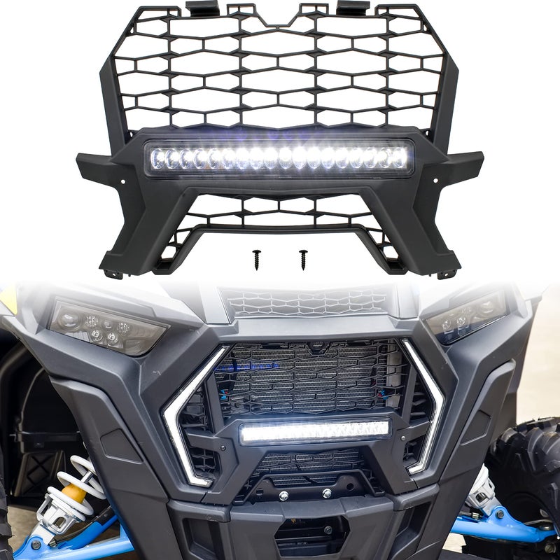 شبكة أمامية من SAUTVS مع ضوء ل RZR XP شبكة سوداء مقاومة للماء مع شريط ضوء LED ل Polaris RZR XP 1000 XP4 Turbo 2019 2020 2021 2022 2023 ملحقات متوافقة مع أضواء Fang