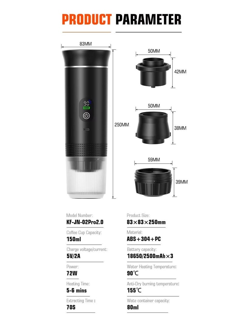 ماكينة إسبريسو KF-JN-02 Pro2.0 3 في 1 محمولة تعمل بالكبسولات، مزودة ببطارية قابلة لإعادة الشحن عبر منفذ USB - Image 5