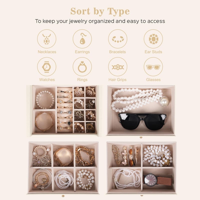 Dajasan Large Jewelry Box for Women, Jewelry Organizer Box with 3 Drawers, Jewelry Storage Organizer with Mirror for Necklace Ring Bracelet Watch, Gift Idea (Beige) - Image 3