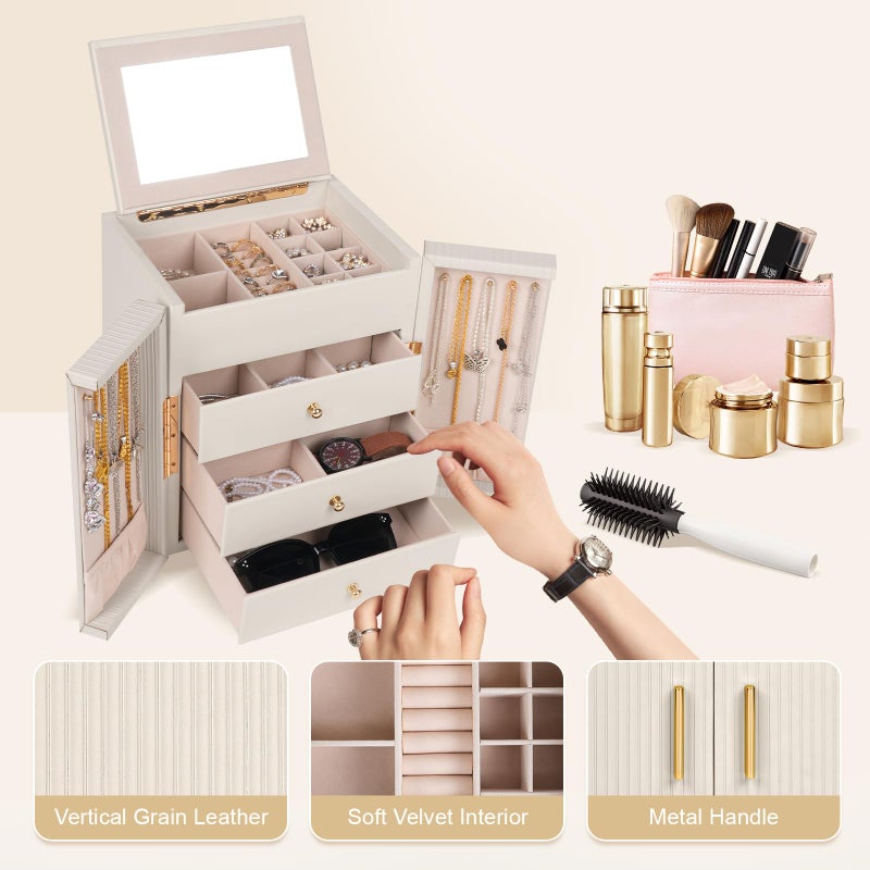Dajasan Large Jewelry Box for Women, Jewelry Organizer Box with 3 Drawers, Jewelry Storage Organizer with Mirror for Necklace Ring Bracelet Watch, Gift Idea (Beige) - Image 4