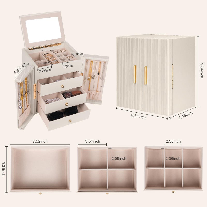 Dajasan Large Jewelry Box for Women, Jewelry Organizer Box with 3 Drawers, Jewelry Storage Organizer with Mirror for Necklace Ring Bracelet Watch, Gift Idea (Beige) - Image 2