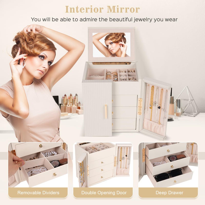 Dajasan Large Jewelry Box for Women, Jewelry Organizer Box with 3 Drawers, Jewelry Storage Organizer with Mirror for Necklace Ring Bracelet Watch, Gift Idea (Beige) - Image 5