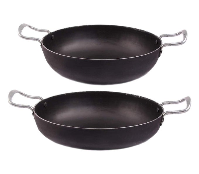 IRON 2PES COOKWARE SET COMBO KADHAI DEEP FRYING PAN COOKING MULTIPURPOSE USE KADAI HEAVY BASE WITH HANDLE BLACK COLOR 9 IN 23 CM 12 IN 31 CM 7 LITER INDUCTION FRIENDLY