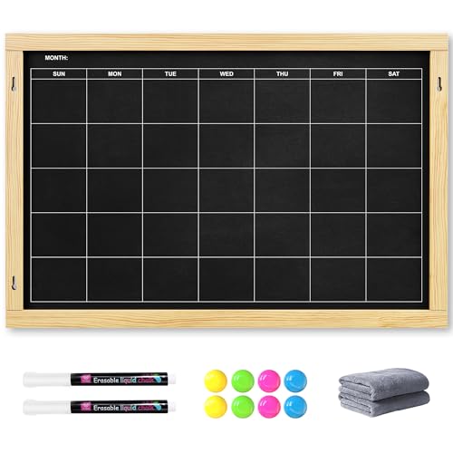Chezerra 2-in-1 Double-Sided Magnetic Chalkboard 24"x16", Chalk Calendar Board & Large Blackboard for Kitchen & Home Decor, Schedule, Menu, Back-to-School Gift - Hanging Chalk Board with 2 Liquid Pens, Wood - Image 1