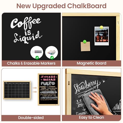 Chezerra 2-in-1 Double-Sided Magnetic Chalkboard 24"x16", Chalk Calendar Board & Large Blackboard for Kitchen & Home Decor, Schedule, Menu, Back-to-School Gift - Hanging Chalk Board with 2 Liquid Pens, Wood - Image 4