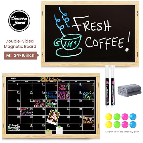 Chezerra 2-in-1 Double-Sided Magnetic Chalkboard 24"x16", Chalk Calendar Board & Large Blackboard for Kitchen & Home Decor, Schedule, Menu, Back-to-School Gift - Hanging Chalk Board with 2 Liquid Pens, Wood - Image 2