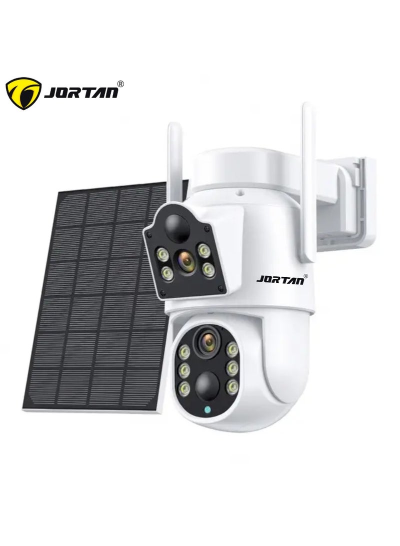 جورتان كاميرا مراقبة جورتان 4+4 ميجا بكسل تعمل بالطاقة الشمسية، رؤية ليلية عالية الدقة، مقاومة للماء IP66، كشف الحركة، تتبع الحركة، بطارية عالية السعة 7800 مللي أمبير/ساعة، تحكم PTZ، كاميرا خارجية تعمل بالطاقة الشمسية بمراقبة مزدوجة - Image 1