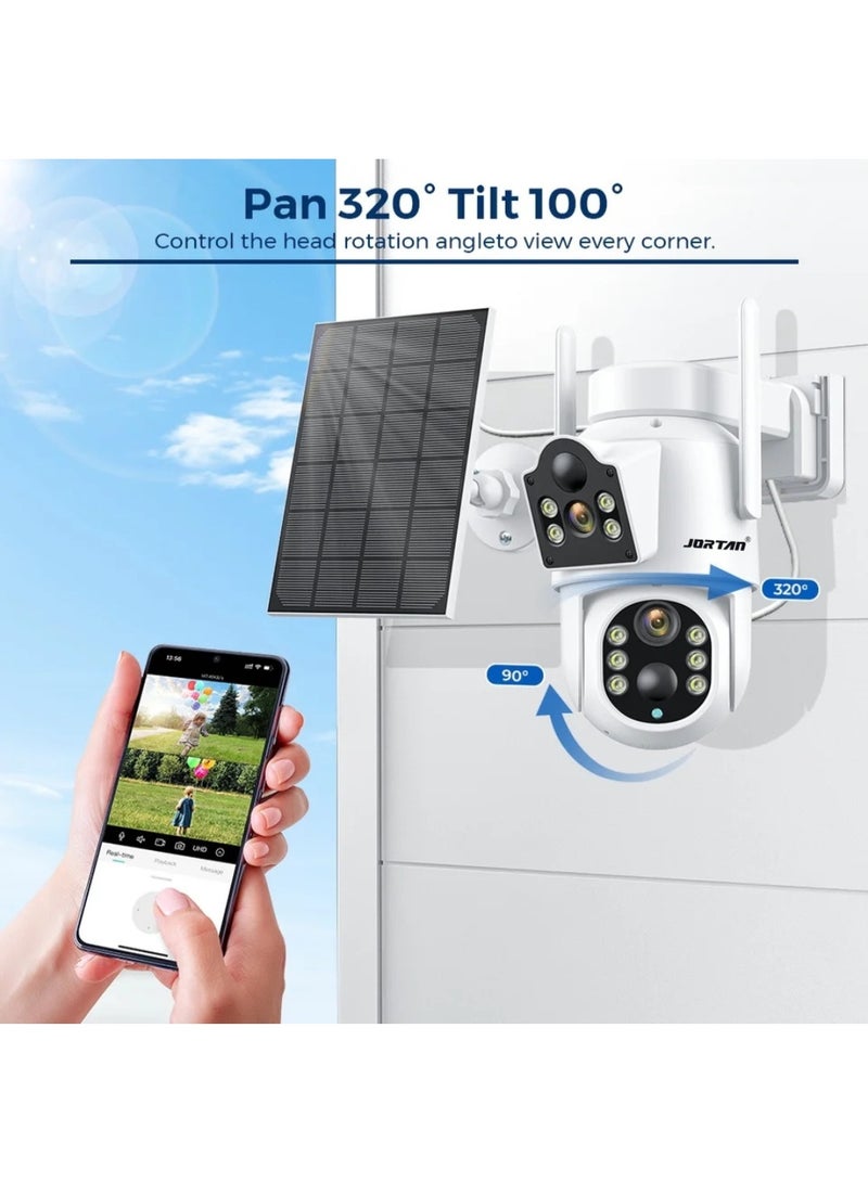 جورتان كاميرا مراقبة جورتان 4+4 ميجا بكسل تعمل بالطاقة الشمسية، رؤية ليلية عالية الدقة، مقاومة للماء IP66، كشف الحركة، تتبع الحركة، بطارية عالية السعة 7800 مللي أمبير/ساعة، تحكم PTZ، كاميرا خارجية تعمل بالطاقة الشمسية بمراقبة مزدوجة - Image 3