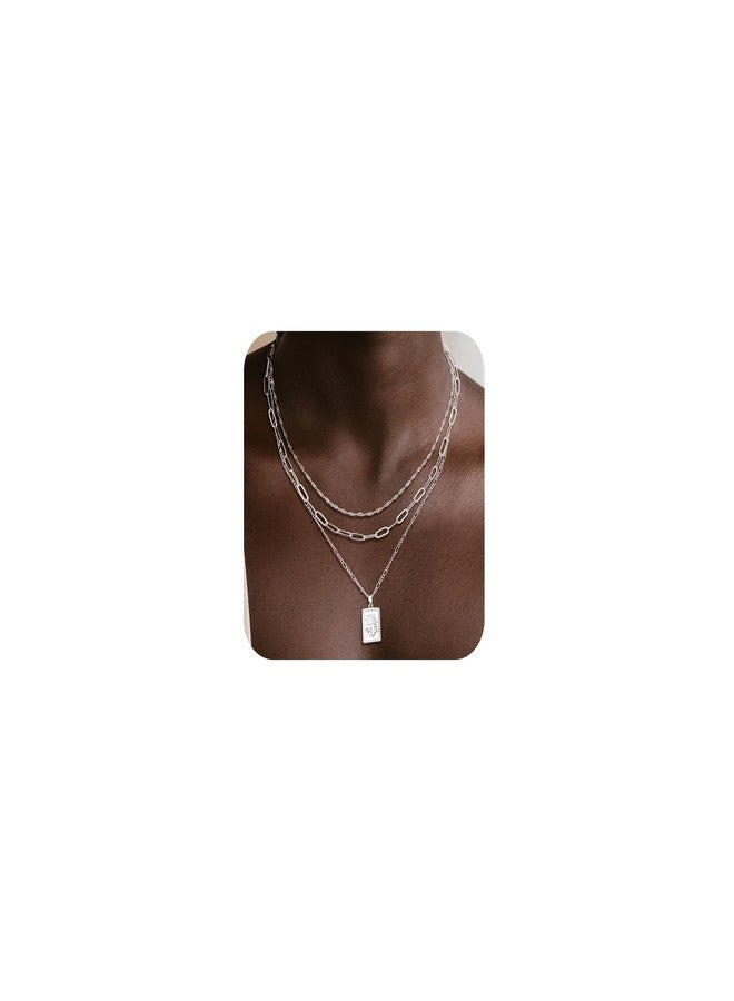 MFRYK Silver Necklaces Stack For Women,Sterling Silver Plated Simple Layered Choker Necklaces For Women,Stackable Multilayer Silver Charm Square Pendant Figaro Chain Wave Chain Paperclip Chain - Image 1