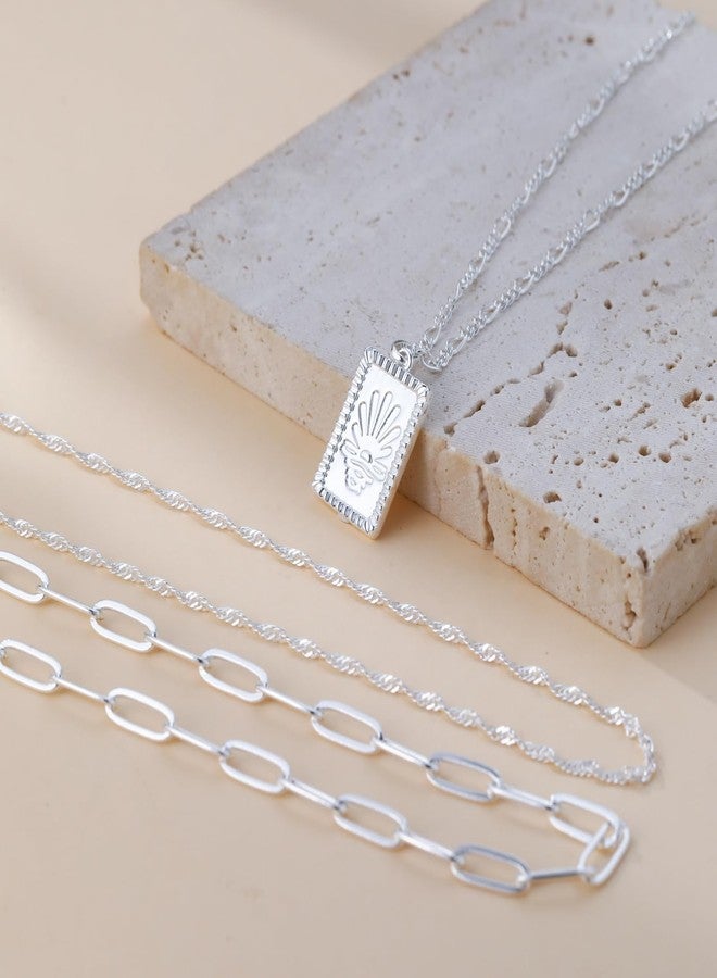 MFRYK Silver Necklaces Stack For Women,Sterling Silver Plated Simple Layered Choker Necklaces For Women,Stackable Multilayer Silver Charm Square Pendant Figaro Chain Wave Chain Paperclip Chain - Image 5