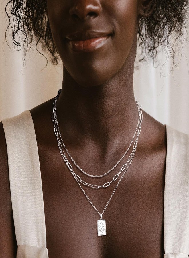 MFRYK Silver Necklaces Stack For Women,Sterling Silver Plated Simple Layered Choker Necklaces For Women,Stackable Multilayer Silver Charm Square Pendant Figaro Chain Wave Chain Paperclip Chain - Image 2