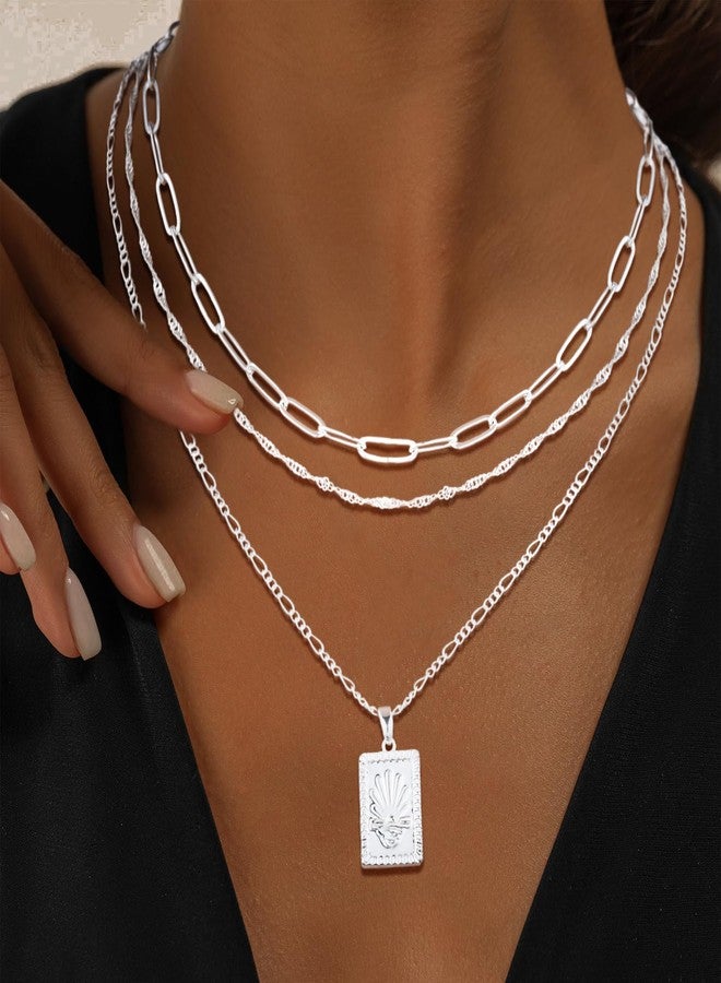 MFRYK Silver Necklaces Stack For Women,Sterling Silver Plated Simple Layered Choker Necklaces For Women,Stackable Multilayer Silver Charm Square Pendant Figaro Chain Wave Chain Paperclip Chain - Image 4