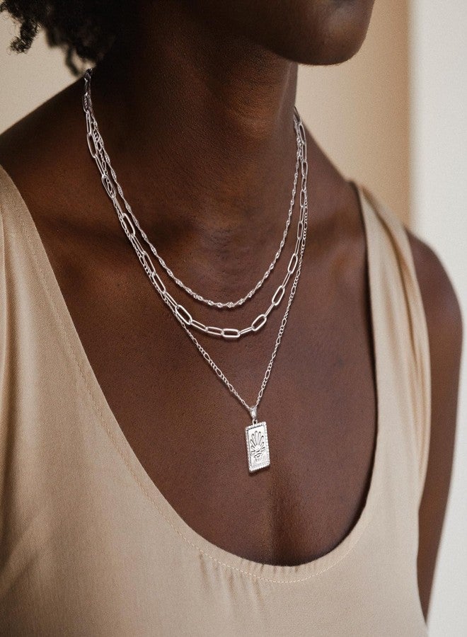 MFRYK Silver Necklaces Stack For Women,Sterling Silver Plated Simple Layered Choker Necklaces For Women,Stackable Multilayer Silver Charm Square Pendant Figaro Chain Wave Chain Paperclip Chain - Image 3
