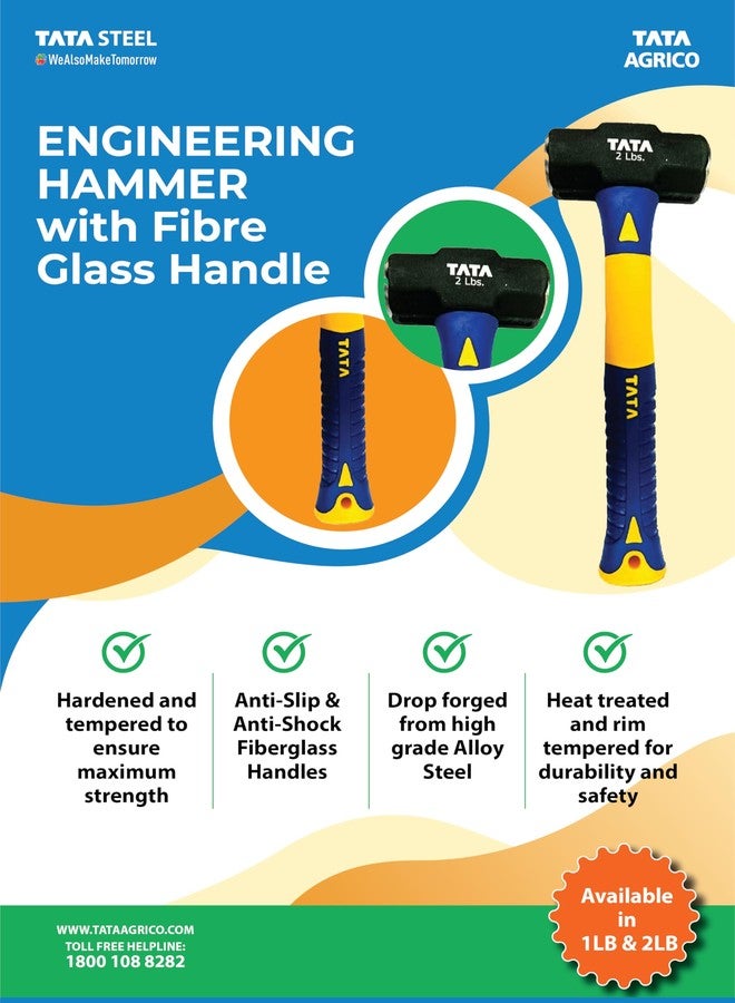 AGRICO TATA Agrico Engineering Hammer 2lb (HMC020) | Double Faced Heavy Duty Hammer with Shot Blasted Smooth Head | 10 Inch Fiberglass Handle | IS Certified | Rust Resistant Paint | Pack of 1 - Image 2