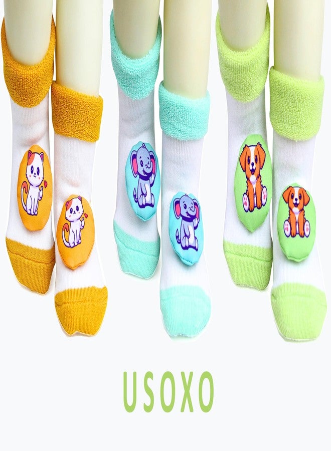 USOXO New Born Baby Soft Cotton Cute stylish Cartoon Character Face Terry (Towel) Socks Shoes | Booties Pack of 3 (IN, Age, 0 Months, 3 Months, Multicolour) - Image 1