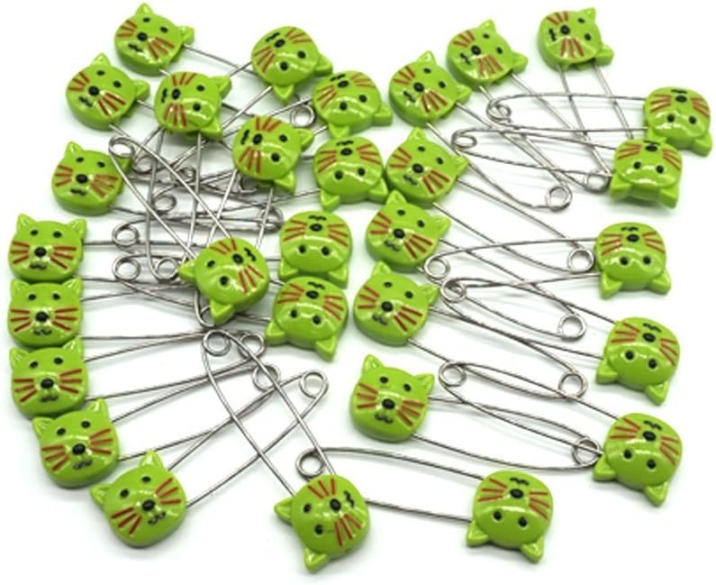 Cute Animal Cat Baby Safety Pins Secure Clips for Fastening Baby Clothes Diaper Napkins Stainless Steel Size L 5.3CM 30PCS Green