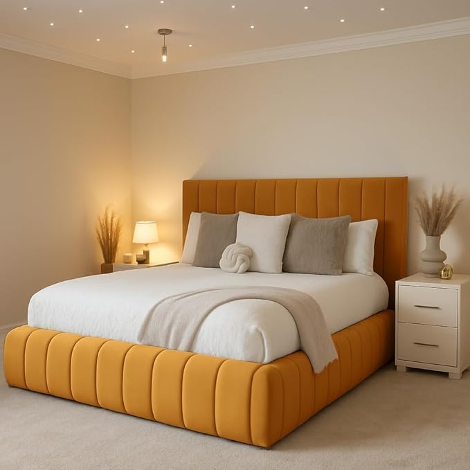 Luxury Modern Fabric Platform Bed Frame with Vertical Channel Panel Headboard - Orange, King Size (180x200cm without Mattress) - Image 1